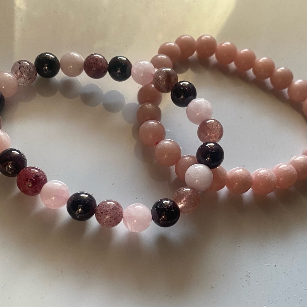Natural stone bead bracelets with rose quartz, pink opal, and more..